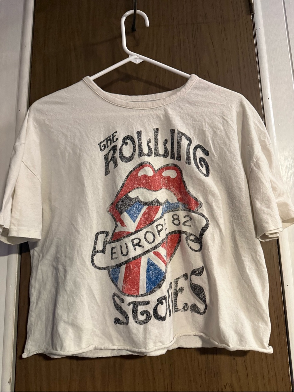 The Rolling Stones Cream Graphic Crop Tee with Red & Blue Tongue